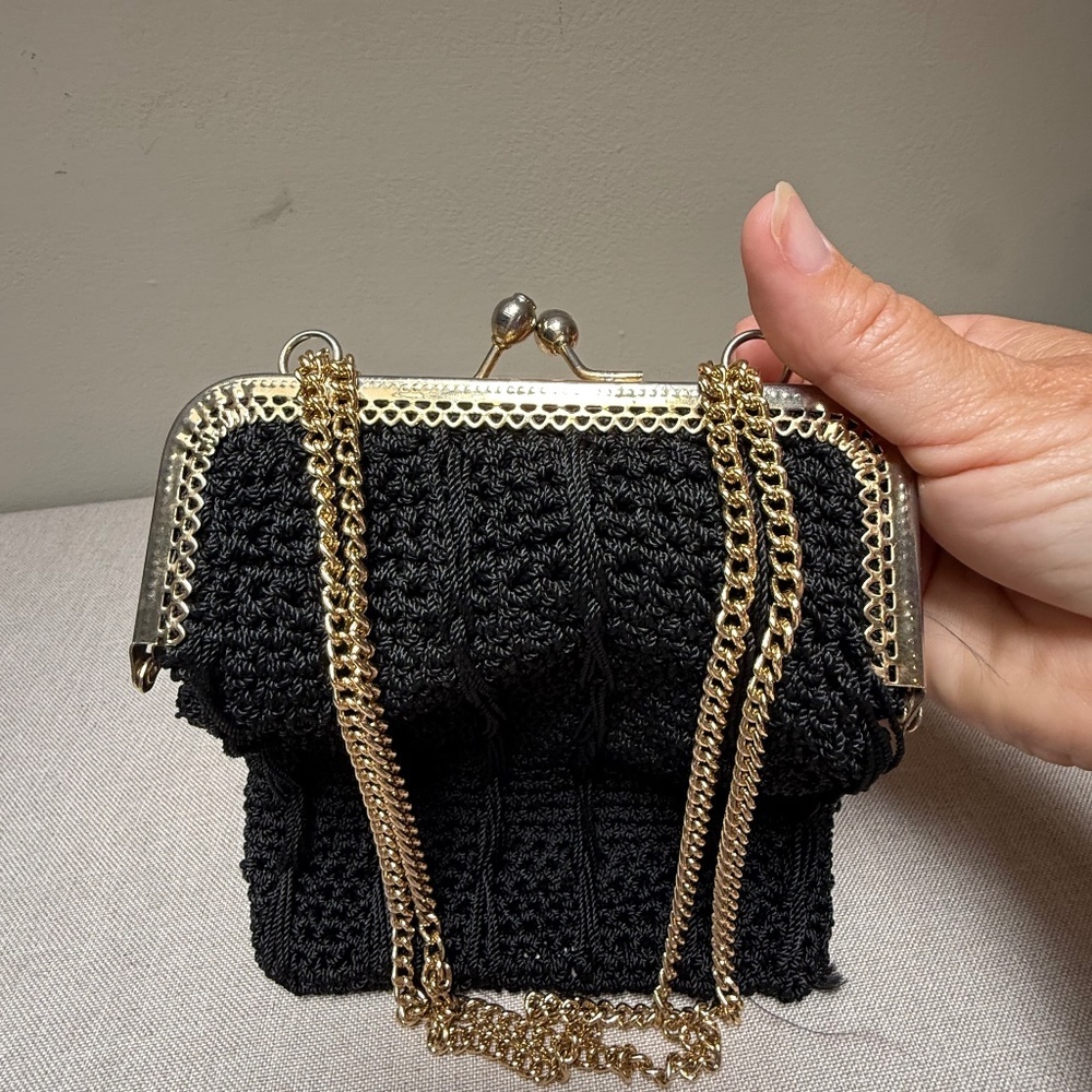 Vintage Boho Gypsy Black Crocheted Handbag Belleeza Made in Italy